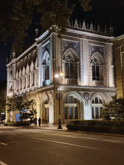 Lit palace facade at night