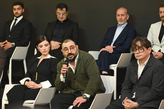 Ismayil Safarali (with the microphone) and Max Smetana (right) at the press conference for 44