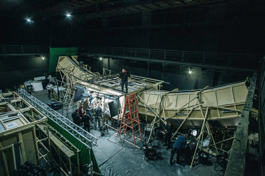 The spaceship set under construction in the studio