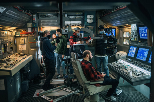 Filming in the cockpit of the spaceship set