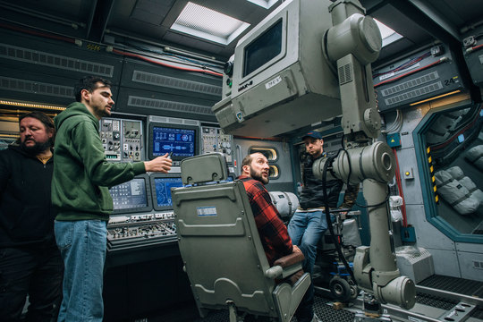 Rehearsing a scene in the cockpit