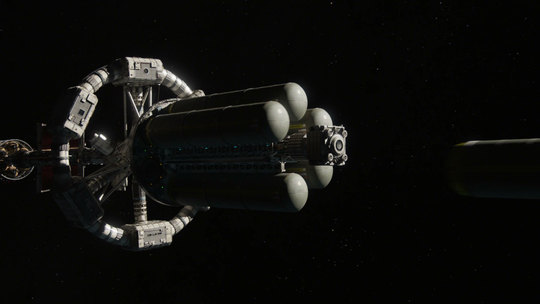 The cargo ship in open space