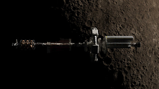 The ship above a cratered surface